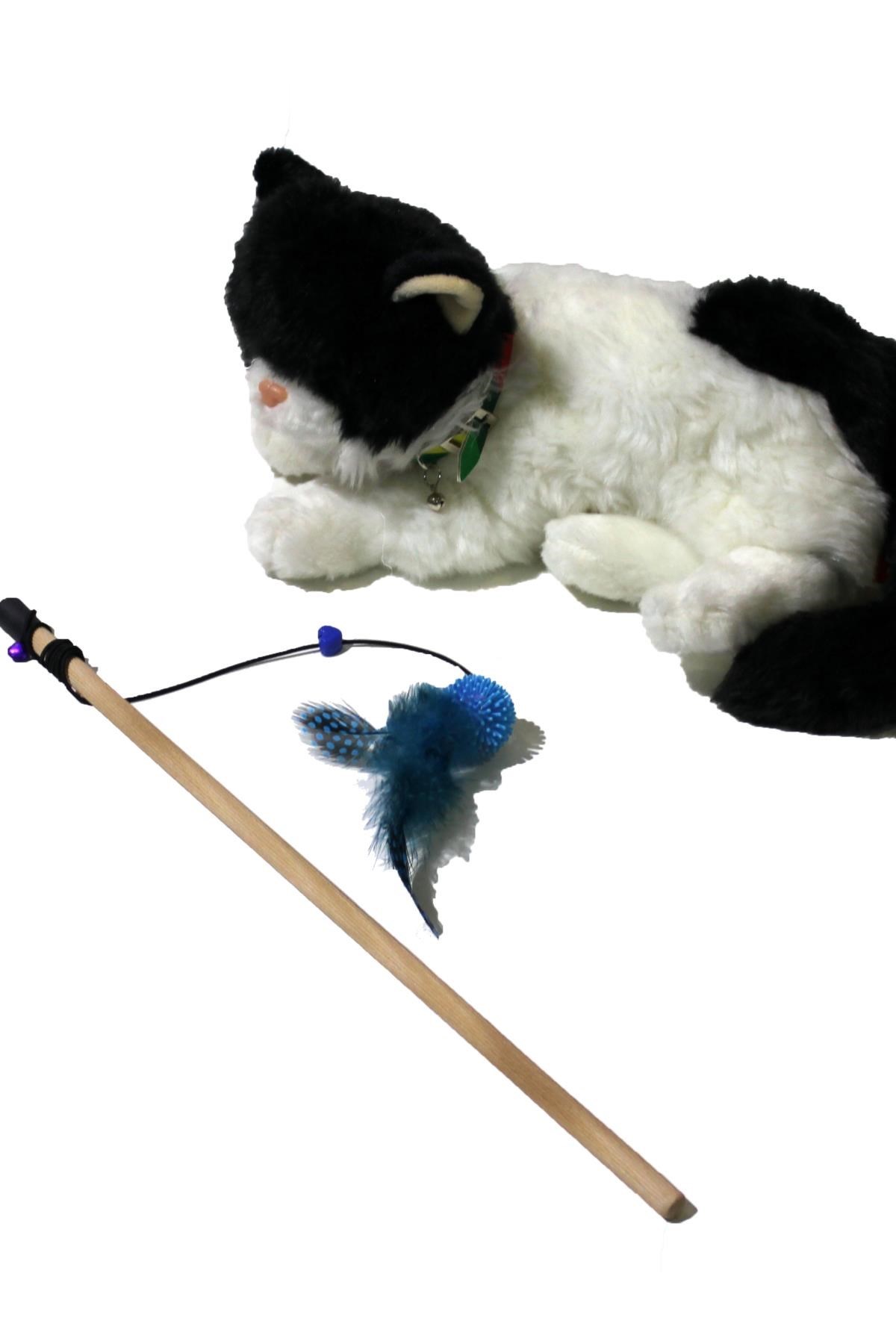 BUFFER® Peluş Oyuncaklı Tahta Saplı Eğlenceli Uzayabılen Kedi Oyun Oltası