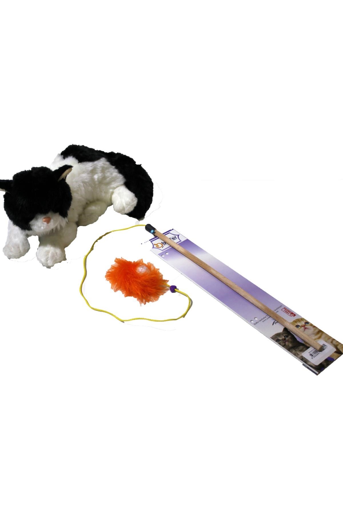 BUFFER® Peluş Oyuncaklı Tahta Saplı Eğlenceli Uzayabılen Kedi Oyun Oltası