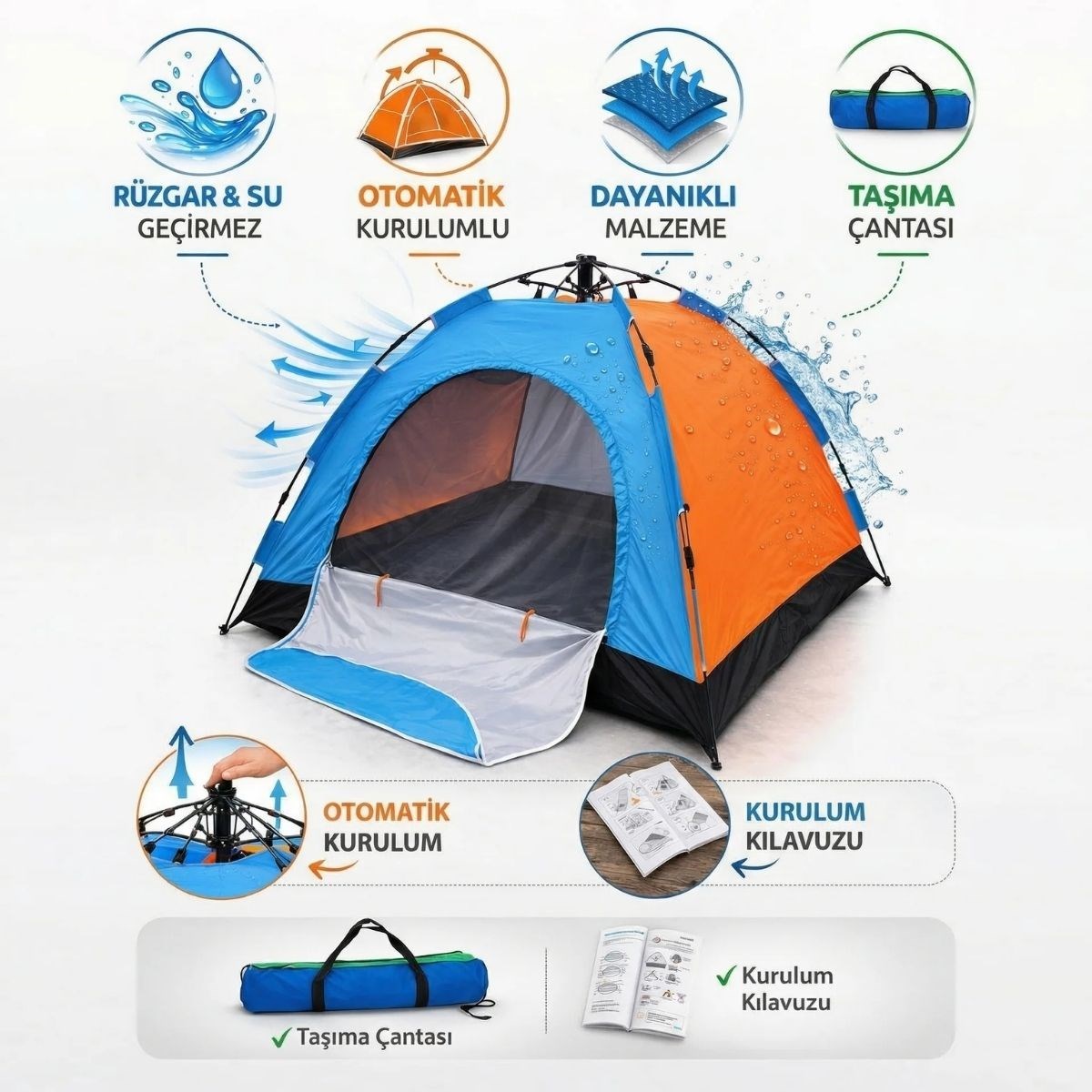 BUFFER® 6 Kişilik Otomatik Kurulum Kamp Çadırı – Outdoor Aile, Doğa, Suya Dayanıklı Hızlı Kurulum Çadır 220x250x160 cm