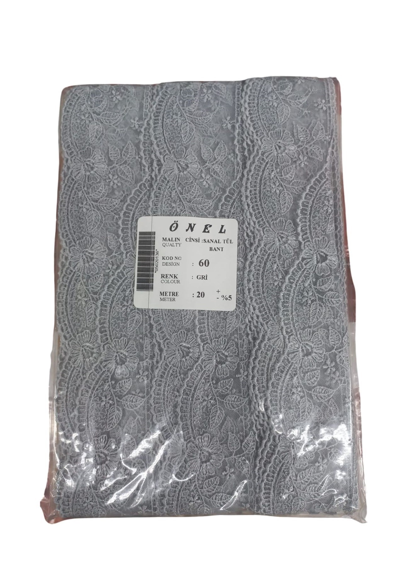 Dantel Polyester Sanal Tül Bant Gri 20 Metre En 6 Cm On-60-g
