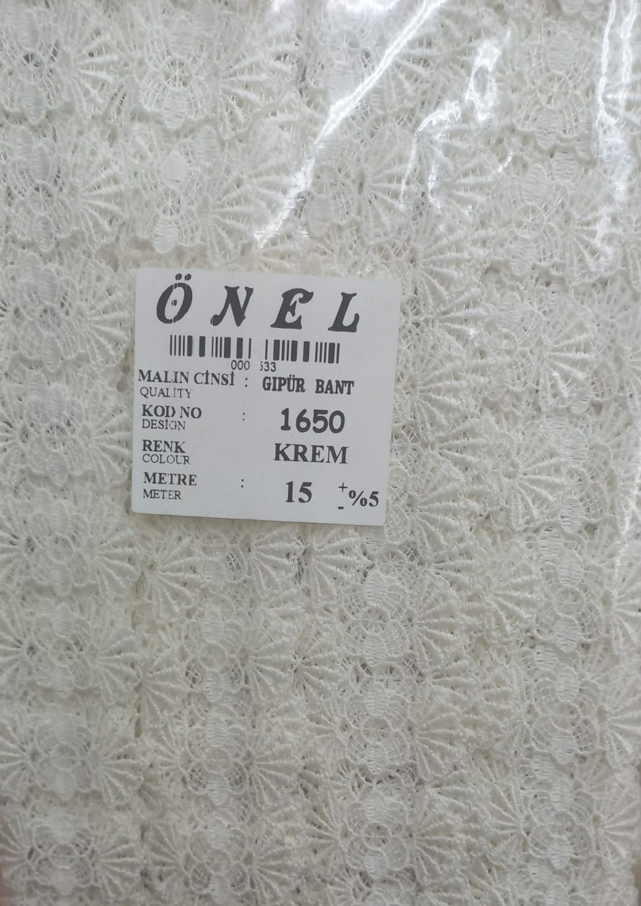 Dantel Polyester Güpür Bant Krem 15 Metre En 6 Cm On-1650-kr