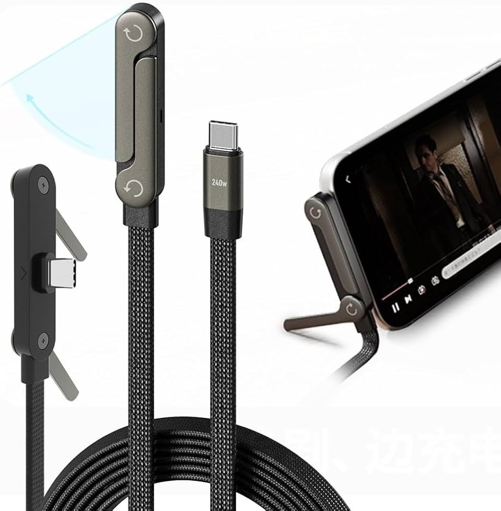 BUFFER® 240W Hızlı Şarj Destekli Katlanabilir Telefon Standlı Örgülü Type-C to Type-C Şarj Kablosu