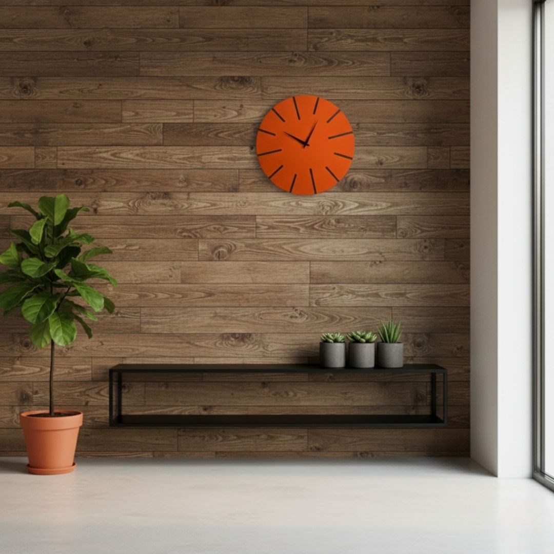 Ahşap Minimal Dekoratif Duvar Saati - 33x33 Cm Turuncu