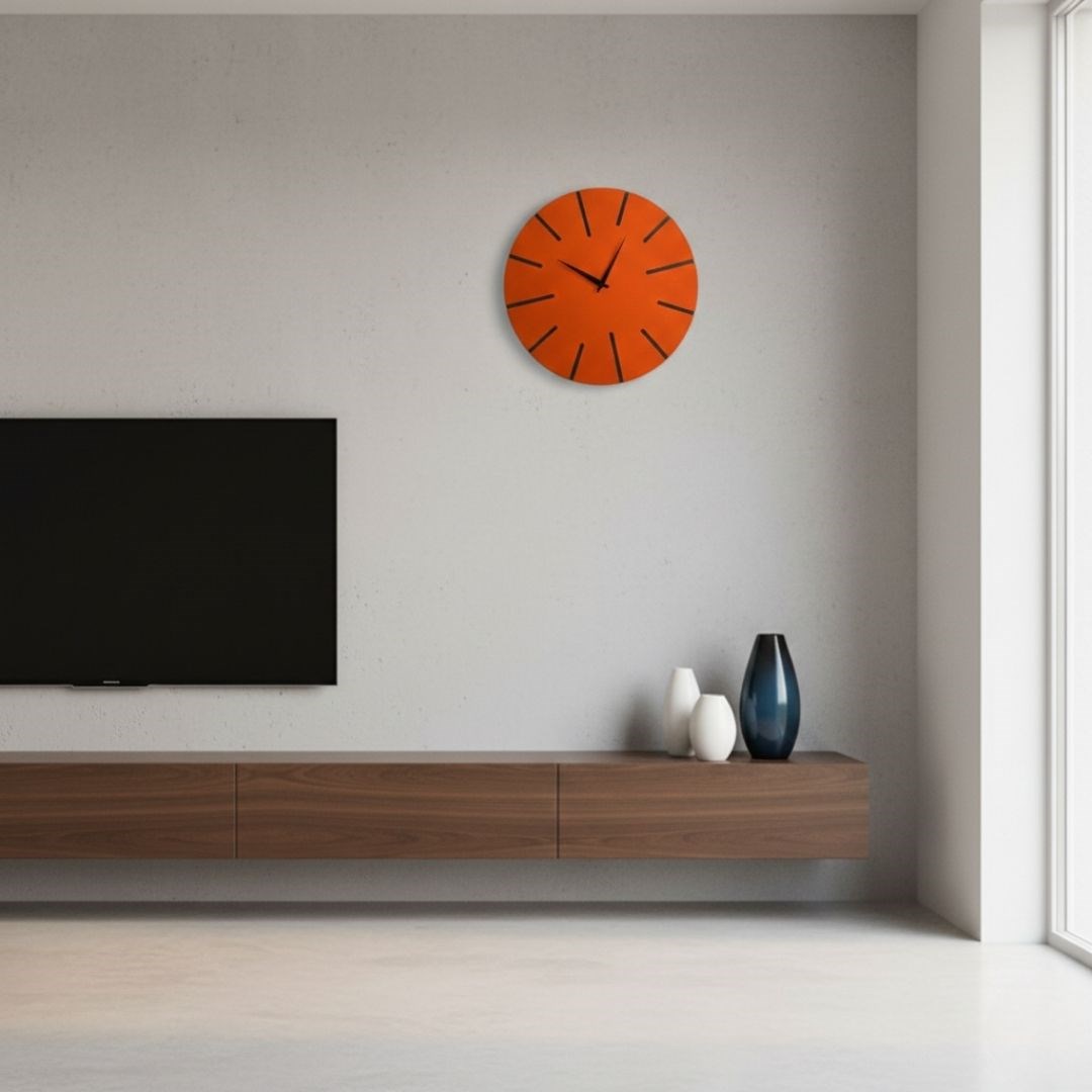 Ahşap Minimal Dekoratif Duvar Saati - 33x33 Cm Turuncu