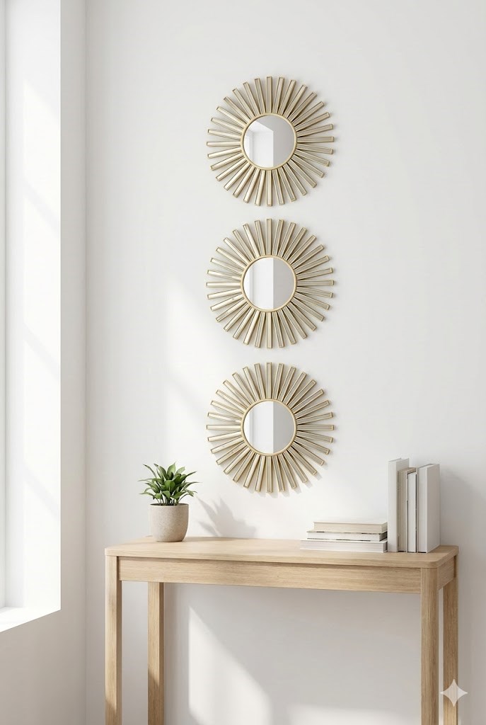 3’lü Gold Güneş Desenli Duvar Aynası Seti 25 cm | Dekoratif Yuvarlak Ayna