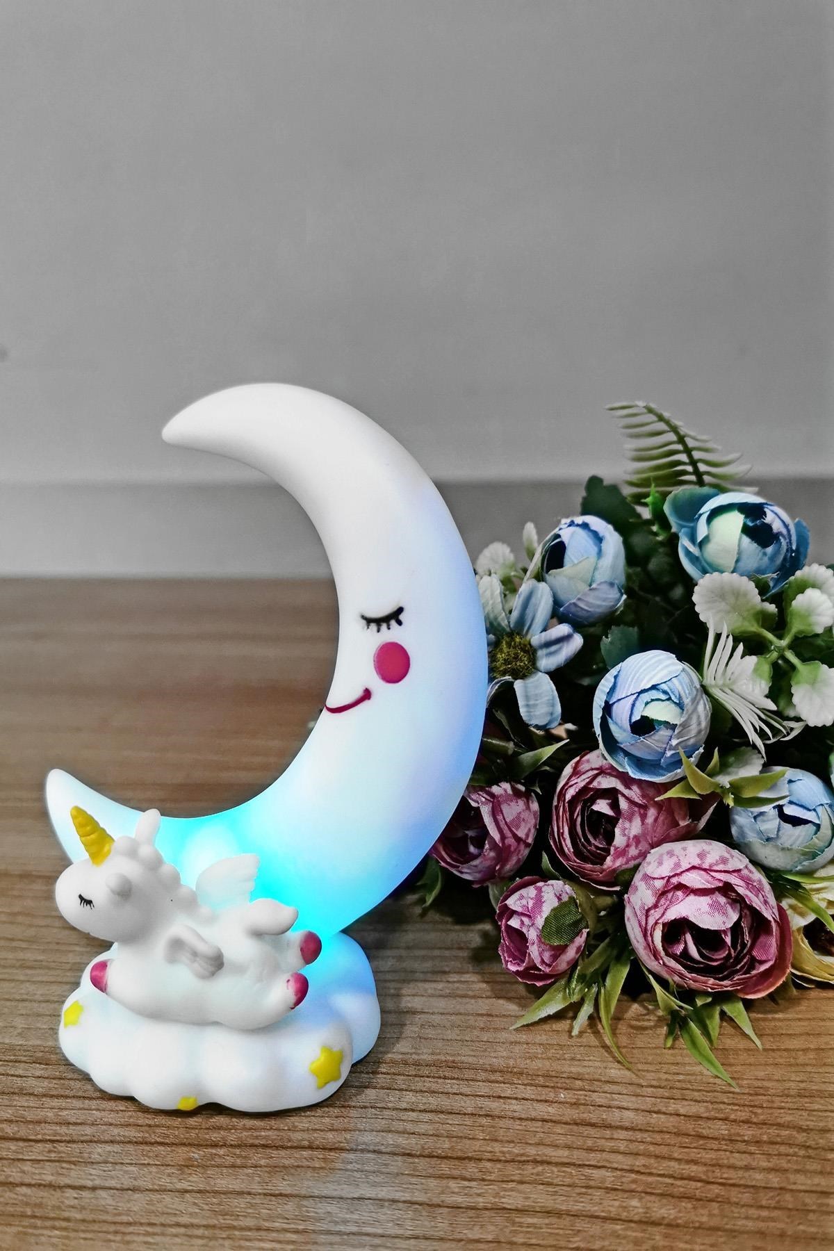 BUFFER® Sevimli Ay Ve Unicornlu Renk Değiştiren Gece Lambası Su Yeşili