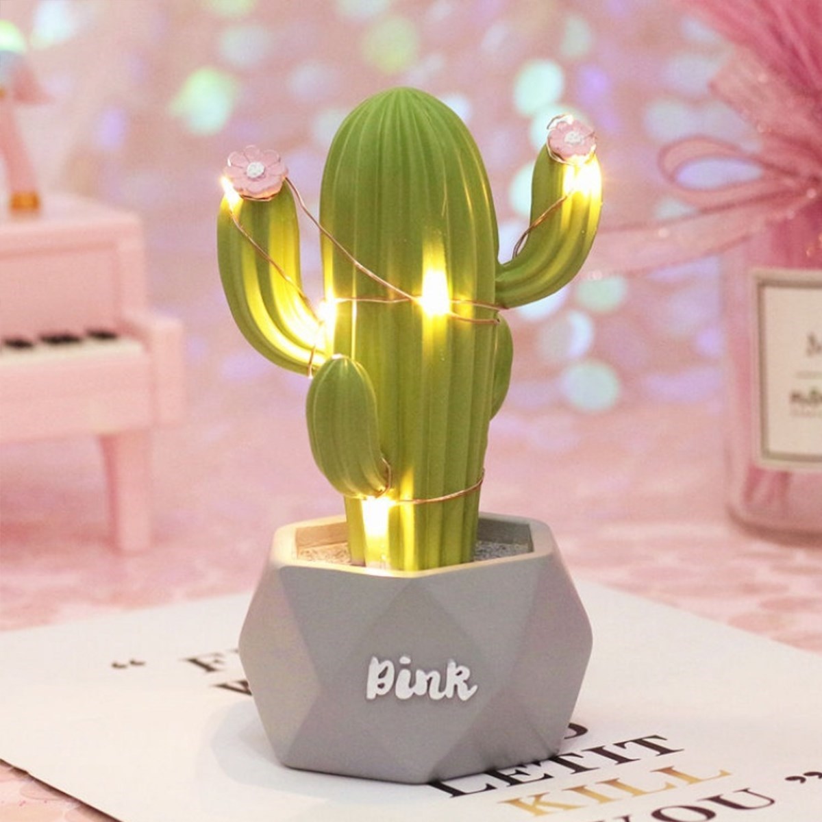 BUFFER® Led Işıklı Sevimli Kaktüs Dekoratif Masa Lambası Mini Biblo Gece Lambası Yeşil