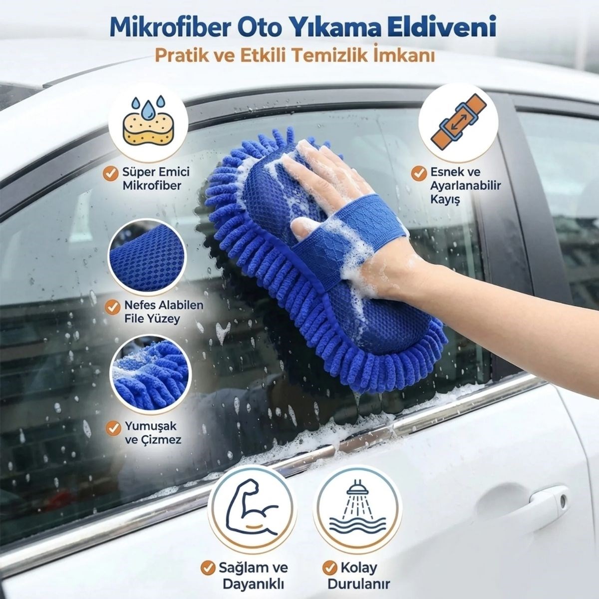 BUFFER® Mikrofiber Oto Yıkama Eldiveni – Kalın Süngerli Araç Temizleme Bezi, Araba Yıkama Eldiveni