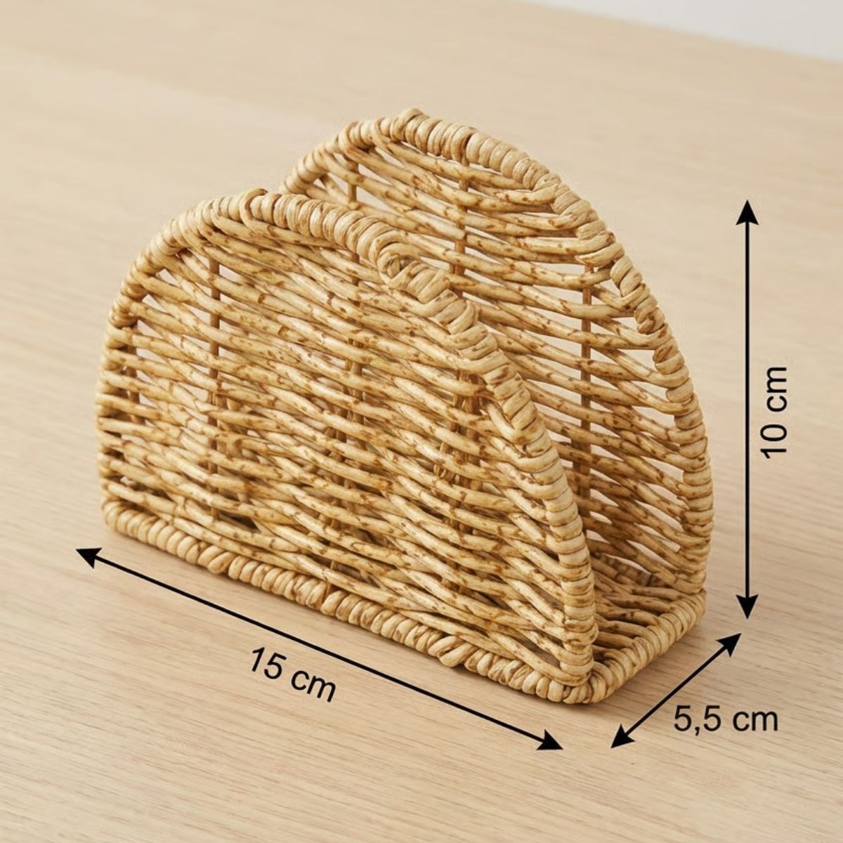 BUFFER® Dekoratif Plastik Rattan Yarım Yuvarlak Peçetelik–Doğal Hasır Dokulu Masaüstü Peçete Standı