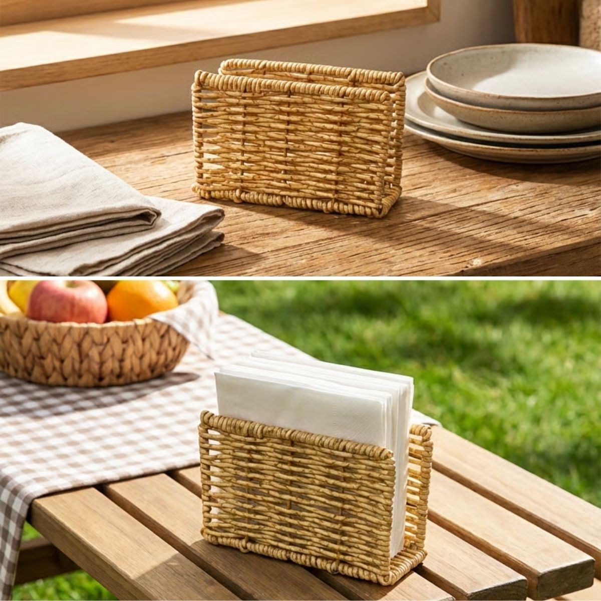 BUFFER® Dekoratif Plastik Rattan Dikdörtgen Peçetelik–Doğal Hasır Dokulu Masaüstü Peçete Standı