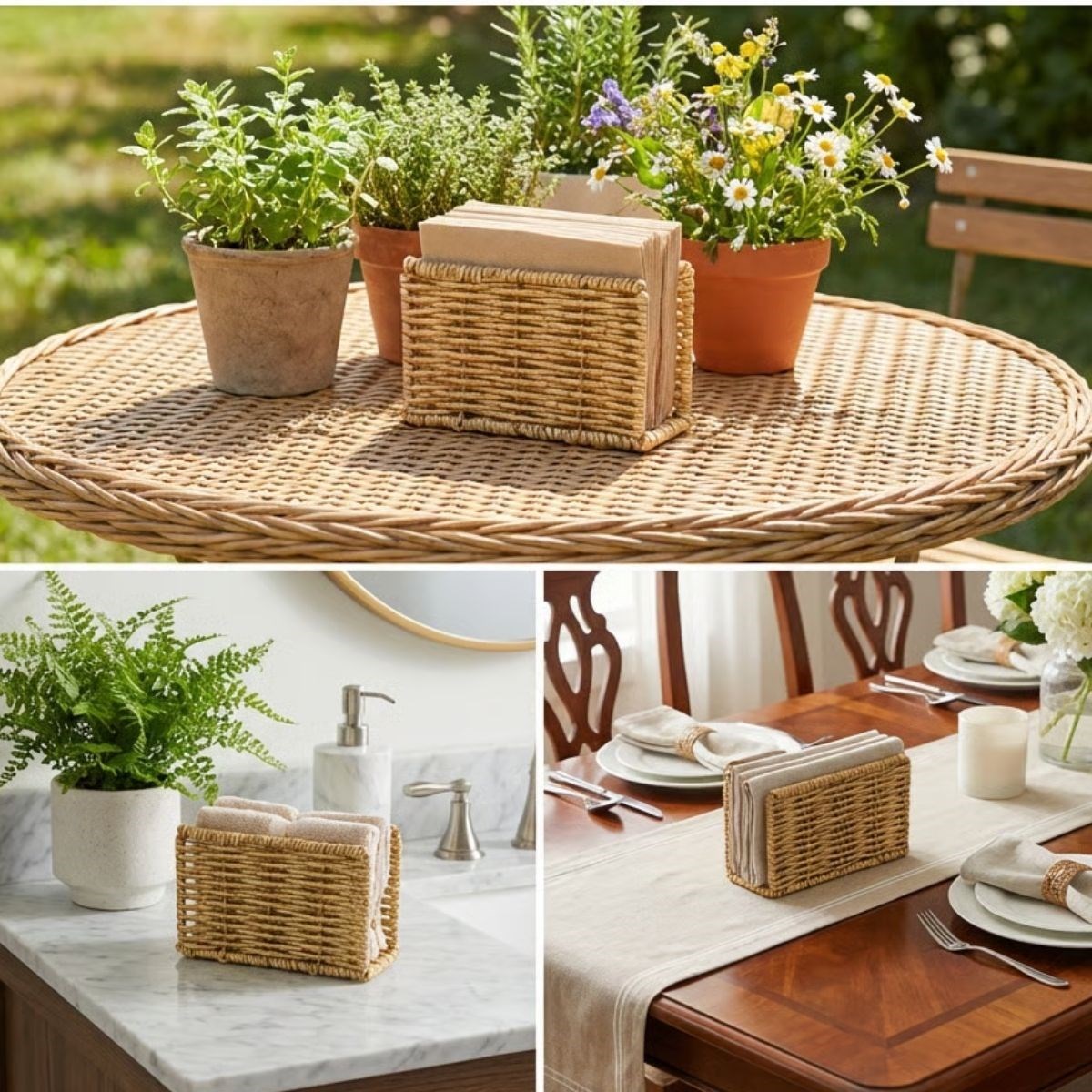 BUFFER® Dekoratif Plastik Rattan Dikdörtgen Peçetelik–Doğal Hasır Dokulu Masaüstü Peçete Standı