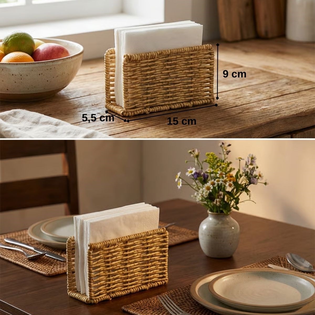 BUFFER® Dekoratif Plastik Rattan Dikdörtgen Peçetelik–Doğal Hasır Dokulu Masaüstü Peçete Standı