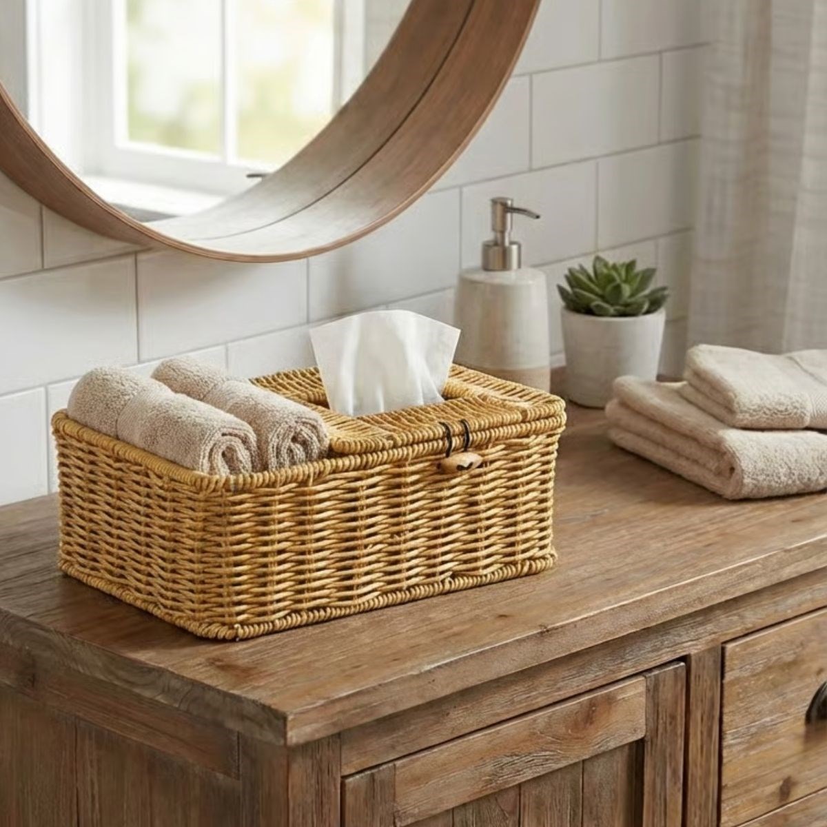 BUFFER® Bölmeli Kapaklı Doğal Rattan Görünümlü Hasır Makyaj, Takı ve Havlu Düzenleyici – Peçetelikli Çok Amaçlı Masaüstü Organizer Sepet