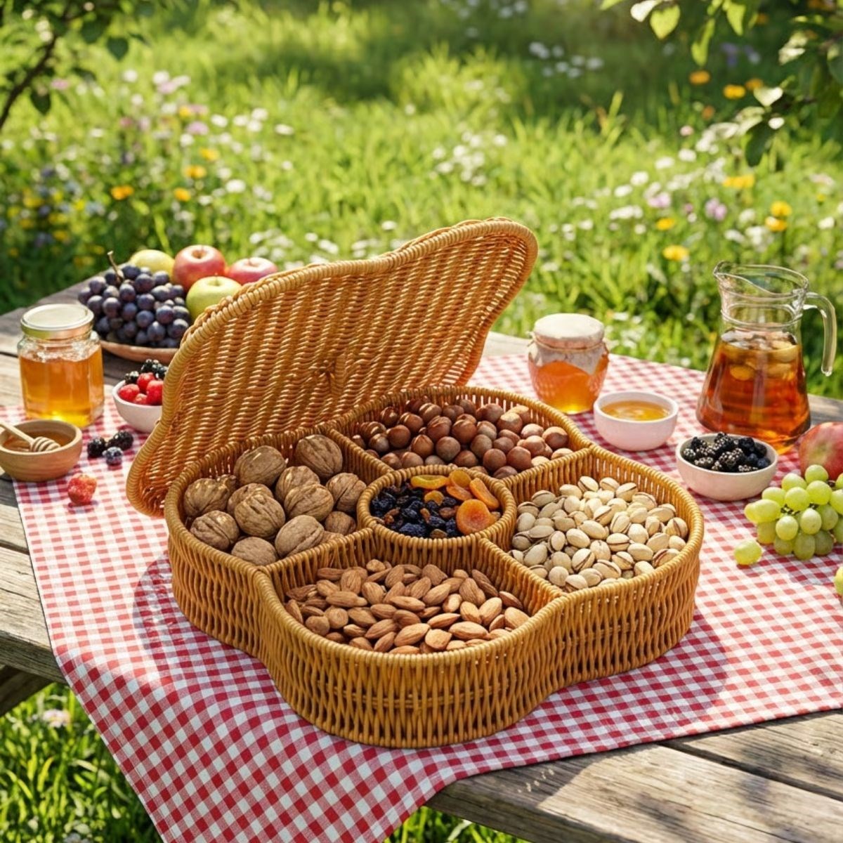 BUFFER® Kapaklı 5 Bölmeli Plastik Rattan Organizer Kutu – Hasır Desenli Çok Amaçlı Saklama ve Sunum Sepeti Çerezlik