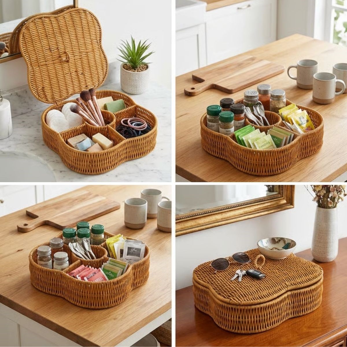 BUFFER® Kapaklı 5 Bölmeli Plastik Rattan Organizer Kutu – Hasır Desenli Çok Amaçlı Saklama ve Sunum Sepeti Çerezlik