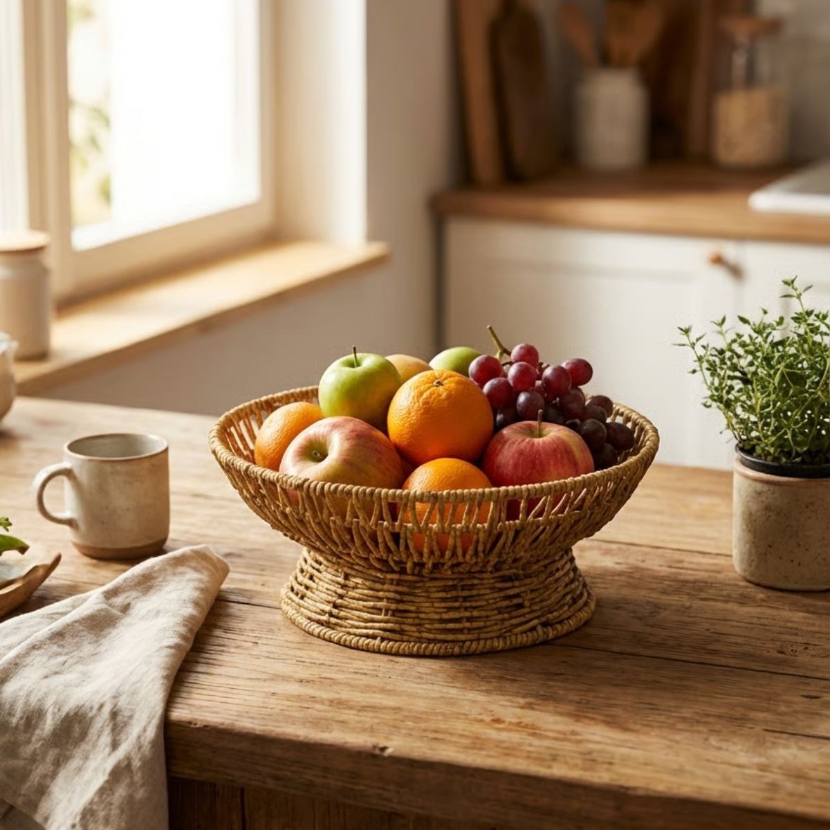 BUFFER® 25 cm Plastik Rattan Servis Çanağı – Doğal Hasır Görünümlü Dekoratif Meyve, Ekmek ve Sunum Kasesi
