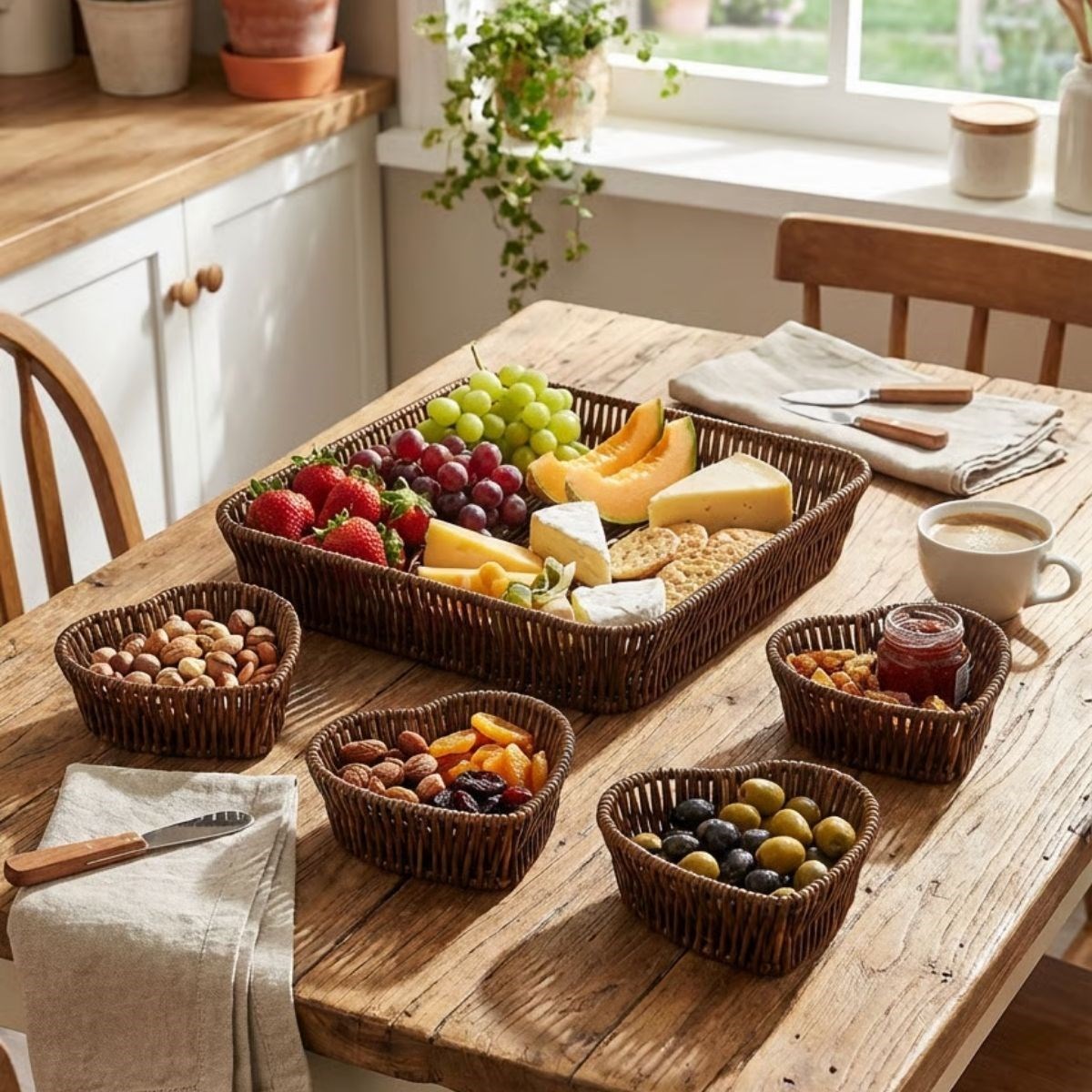 BUFFER® 5 Parça,4 Kalp Formlu Plastik Rattan Sunum ve Kahvaltı Seti-Bölmeli Çerezlik ve Meyvelik-Doğal Hasır Görünümlü Tepsi ve Sunum Tabakları