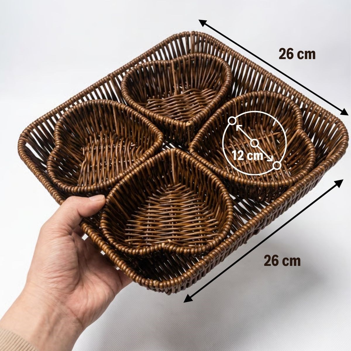 BUFFER® 5 Parça,4 Kalp Formlu Plastik Rattan Sunum ve Kahvaltı Seti-Bölmeli Çerezlik ve Meyvelik-Doğal Hasır Görünümlü Tepsi ve Sunum Tabakları