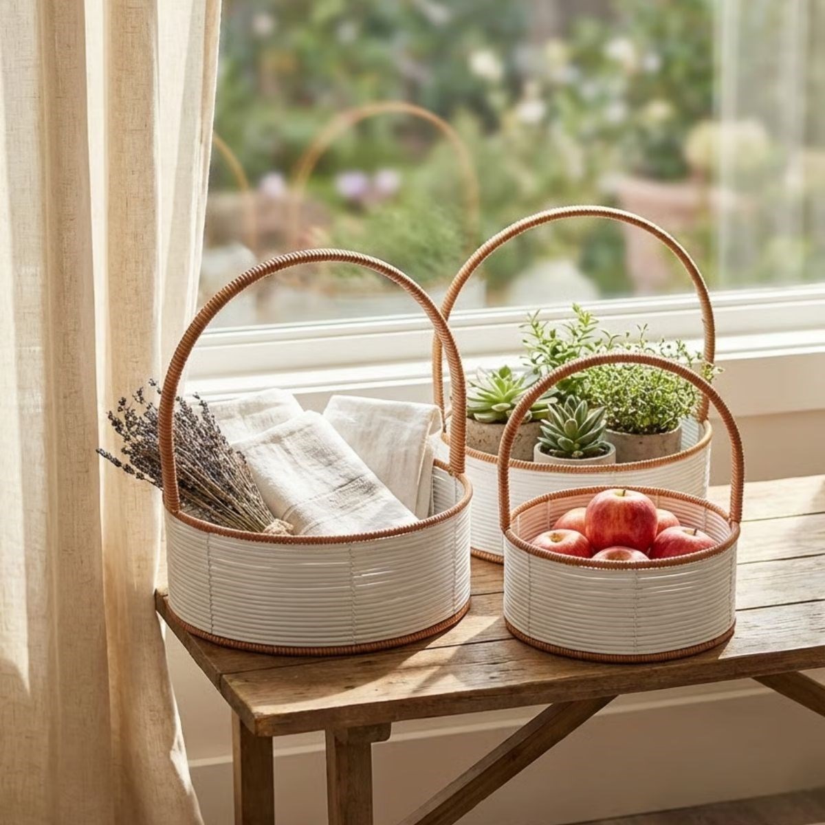 BUFFER® 3 Boy İç İçe Geçebilen Plastik Rattan Sepetler–Beyaz Renkli,Kahverengi Saplı, Çok Amaçlı Düzenleyici ve Sunum Sepeti Seti