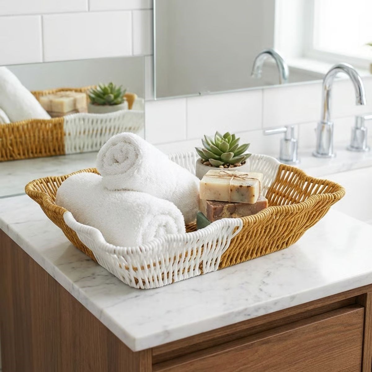 BUFFER® Dikdörtgen Çift Renkli Plastik Rattan Ekmek ve Meyve Sepeti - Çok Amaçlı Banyo ve Mutfak Düzenleyici - Yıkanabilir Tezgâh Üstü Organizer