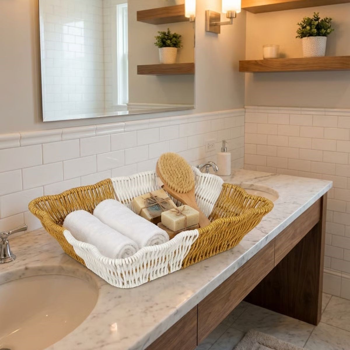 BUFFER® Dikdörtgen Çift Renkli Plastik Rattan Ekmek ve Meyve Sepeti - Çok Amaçlı Banyo ve Mutfak Düzenleyici - Yıkanabilir Tezgâh Üstü Organizer
