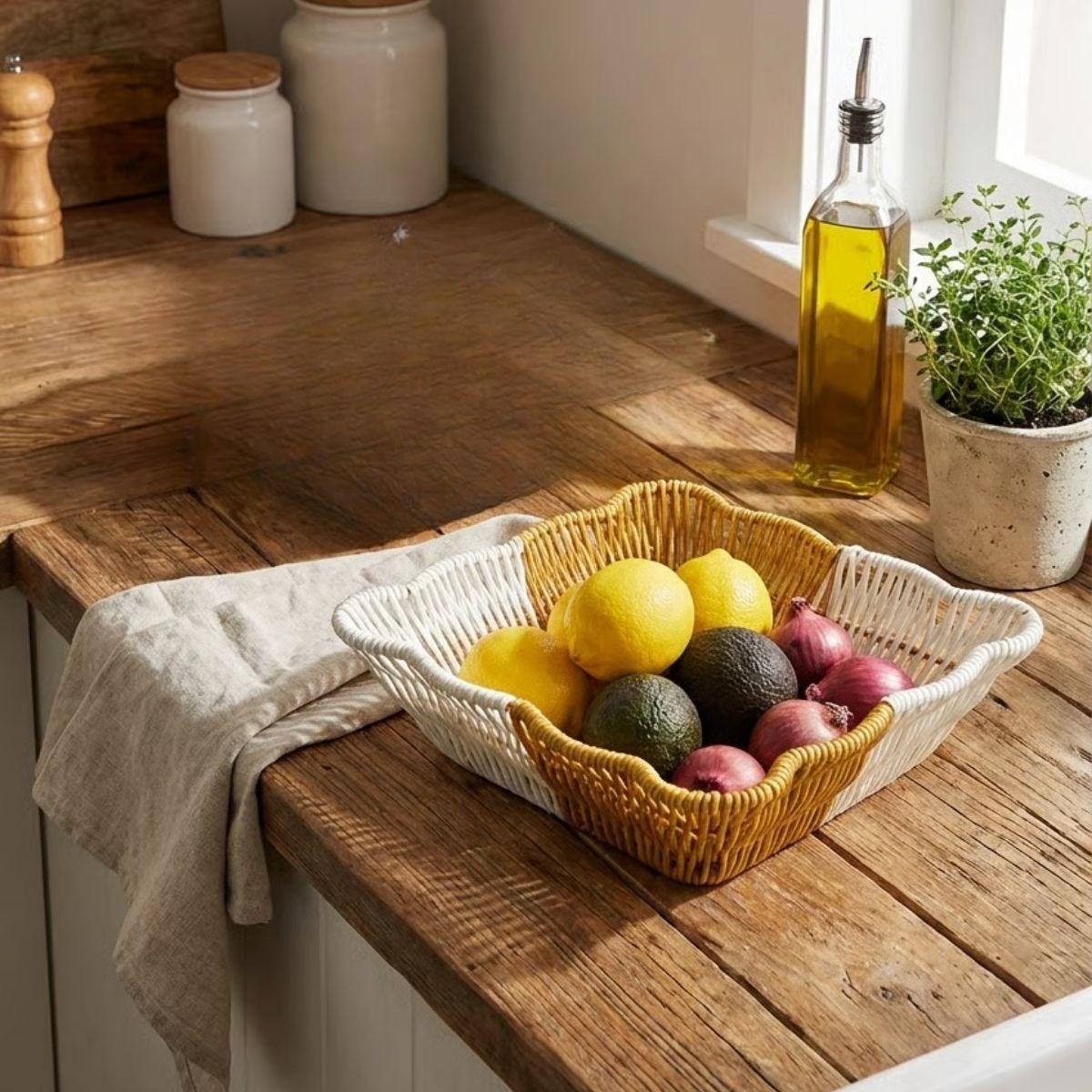 BUFFER® Kare Dalgalı Çift Renkli Plastik Rattan Ekmek ve Meyve Sepeti - Çok Amaçlı Banyo ve Mutfak Düzenleyici - Yıkanabilir Tezgâh Üstü Organizer