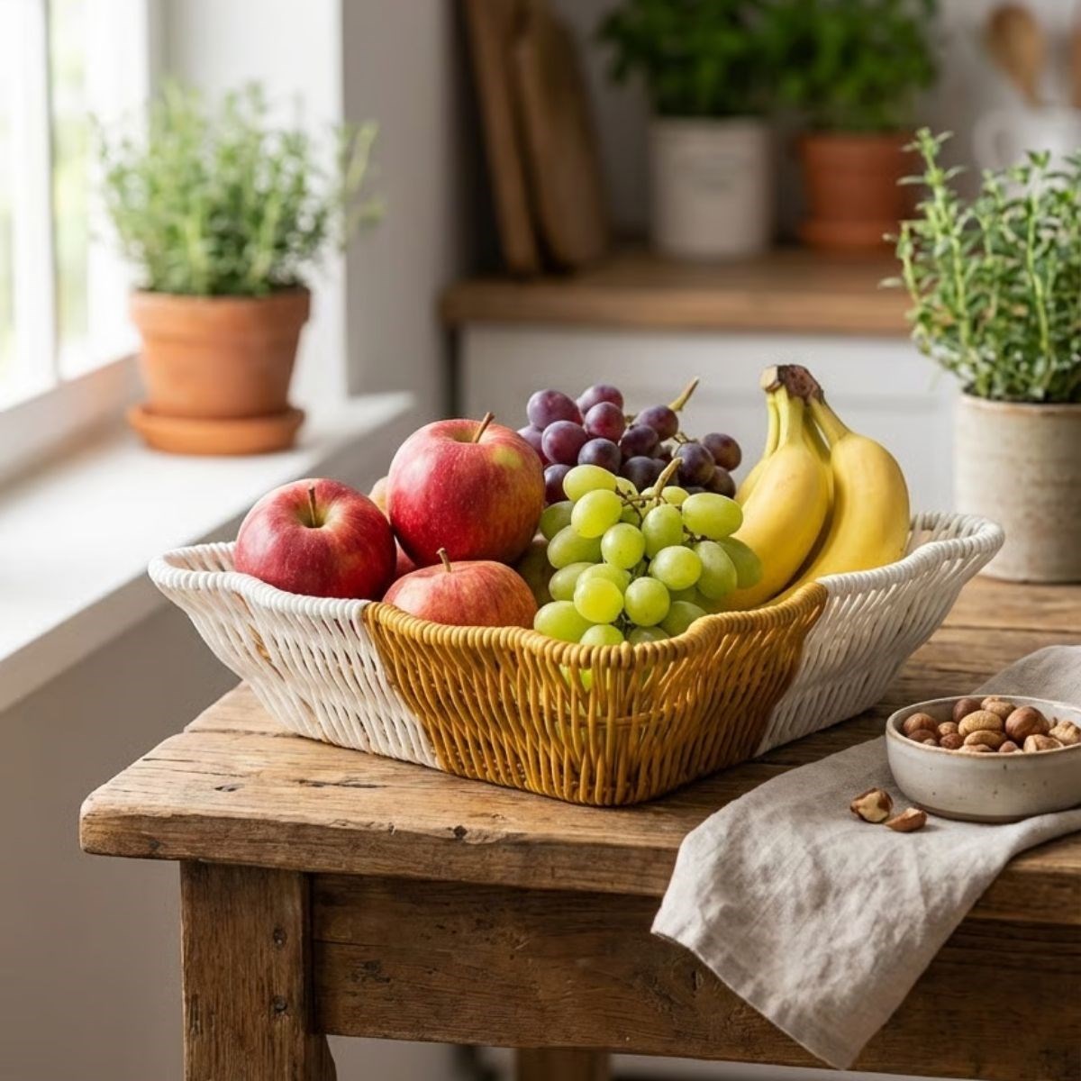 BUFFER® Kare Dalgalı Çift Renkli Plastik Rattan Ekmek ve Meyve Sepeti - Çok Amaçlı Banyo ve Mutfak Düzenleyici - Yıkanabilir Tezgâh Üstü Organizer