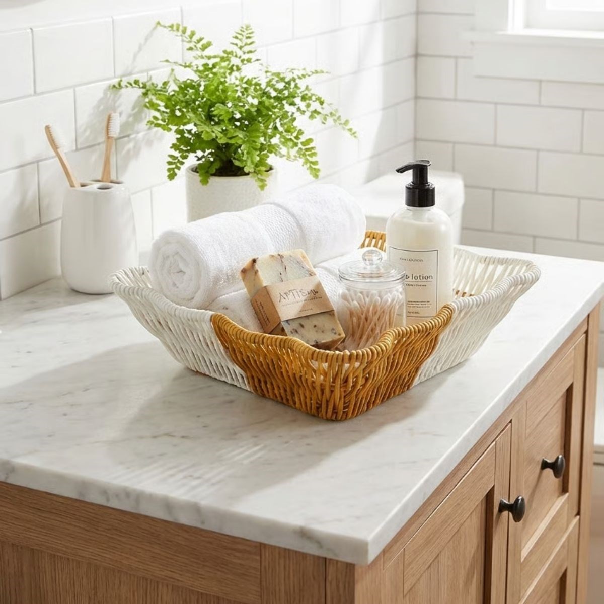 BUFFER® Kare Dalgalı Çift Renkli Plastik Rattan Ekmek ve Meyve Sepeti - Çok Amaçlı Banyo ve Mutfak Düzenleyici - Yıkanabilir Tezgâh Üstü Organizer