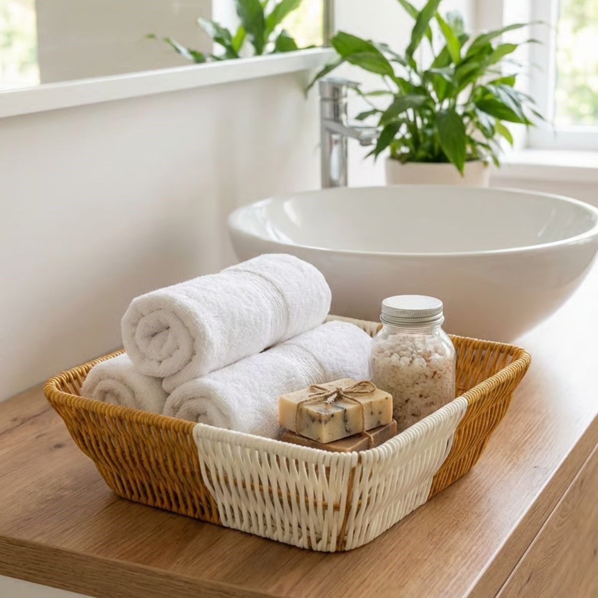 BUFFER® Kare Çift Renkli Plastik Rattan Ekmek ve Meyve Sepeti - Çok Amaçlı Banyo ve Mutfak Düzenleyici - Yıkanabilir Tezgâh Üstü Organizer