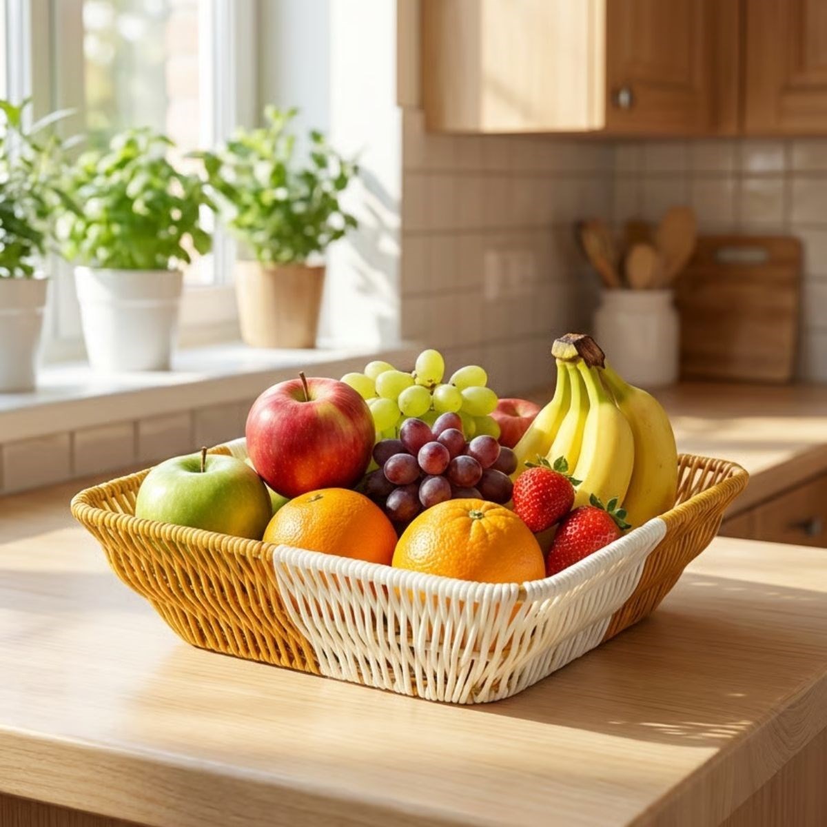 BUFFER® Kare Çift Renkli Plastik Rattan Ekmek ve Meyve Sepeti - Çok Amaçlı Banyo ve Mutfak Düzenleyici - Yıkanabilir Tezgâh Üstü Organizer
