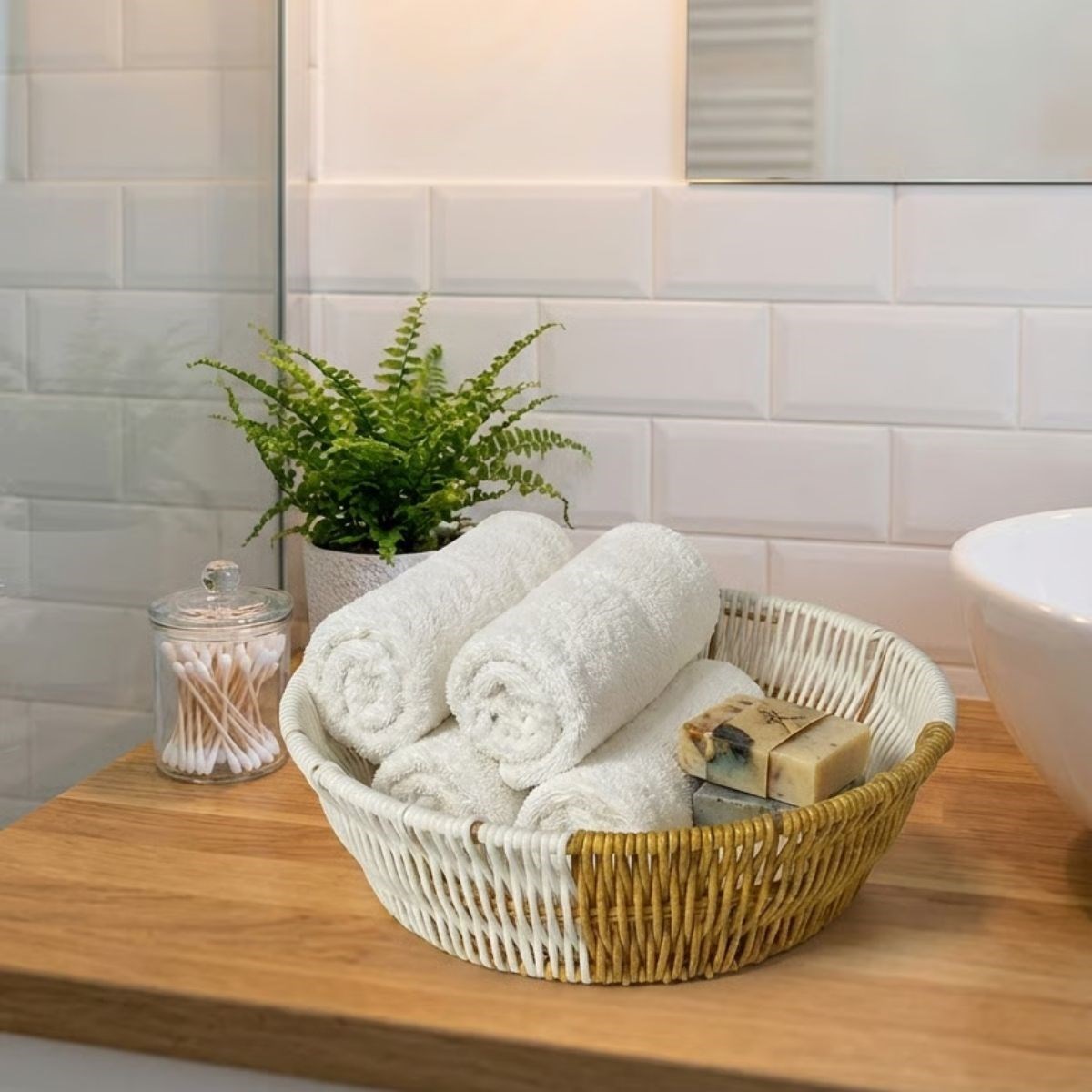 BUFFER® Yuvarlak Çift Renkli Plastik Rattan Ekmek ve Meyve Sepeti - Çok Amaçlı Banyo ve Mutfak Düzenleyici - Yıkanabilir Tezgâh Üstü Organizer