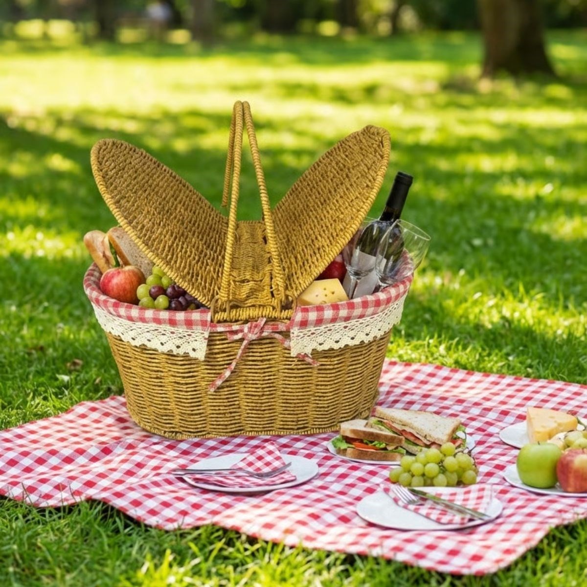 BUFFER® 2 Kapaklı Oval Plastik Rattan Piknik Sepeti – Doğal Hasır Görünümlü Çok Amaçlı Piknik, Plaj ve Bahçe Sepeti