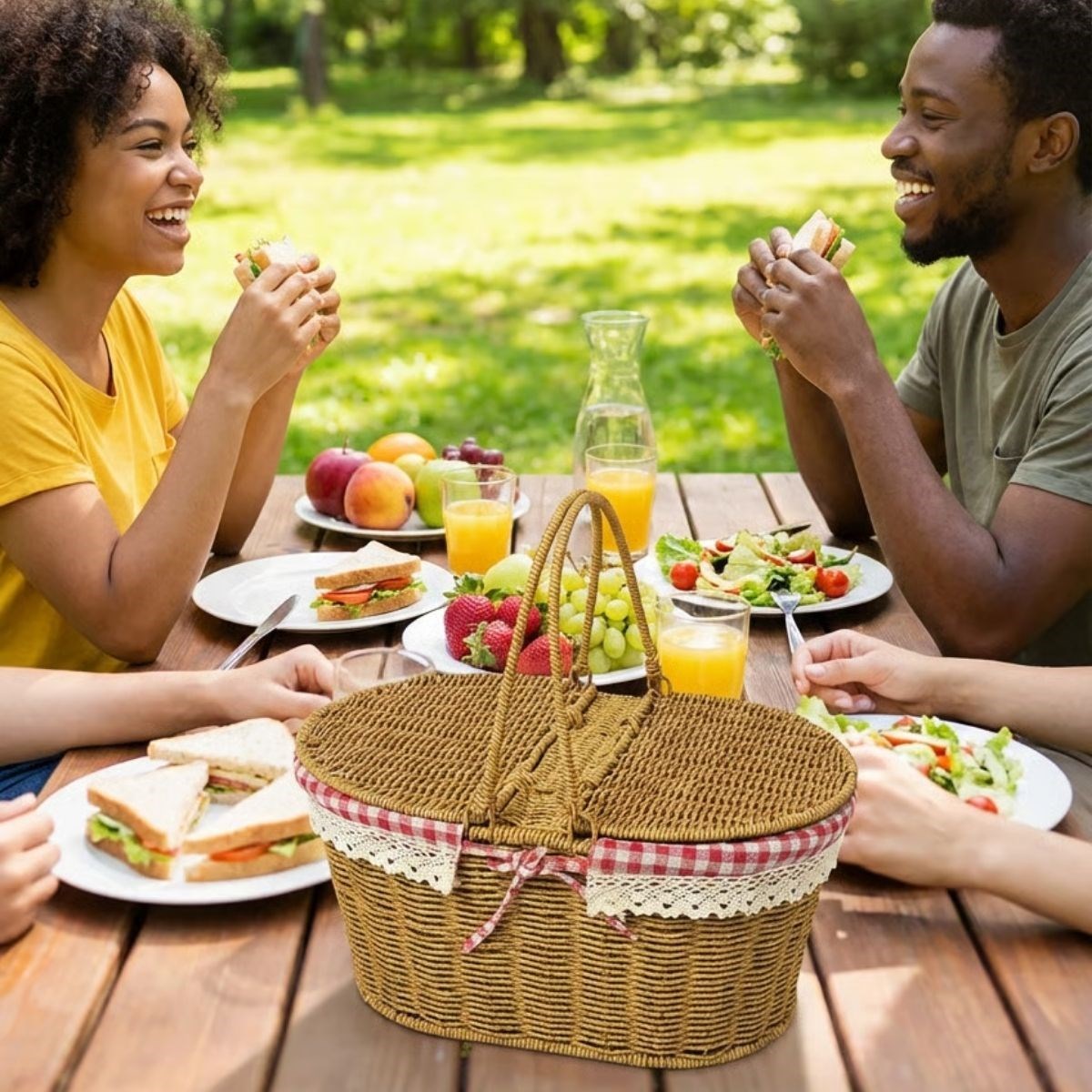 BUFFER® 2 Kapaklı Oval Plastik Rattan Piknik Sepeti – Doğal Hasır Görünümlü Çok Amaçlı Piknik, Plaj ve Bahçe Sepeti
