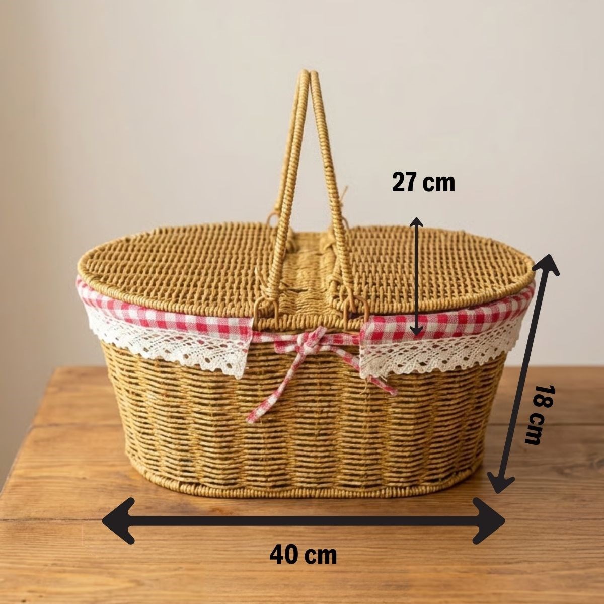 BUFFER® 2 Kapaklı Oval Plastik Rattan Piknik Sepeti – Doğal Hasır Görünümlü Çok Amaçlı Piknik, Plaj ve Bahçe Sepeti
