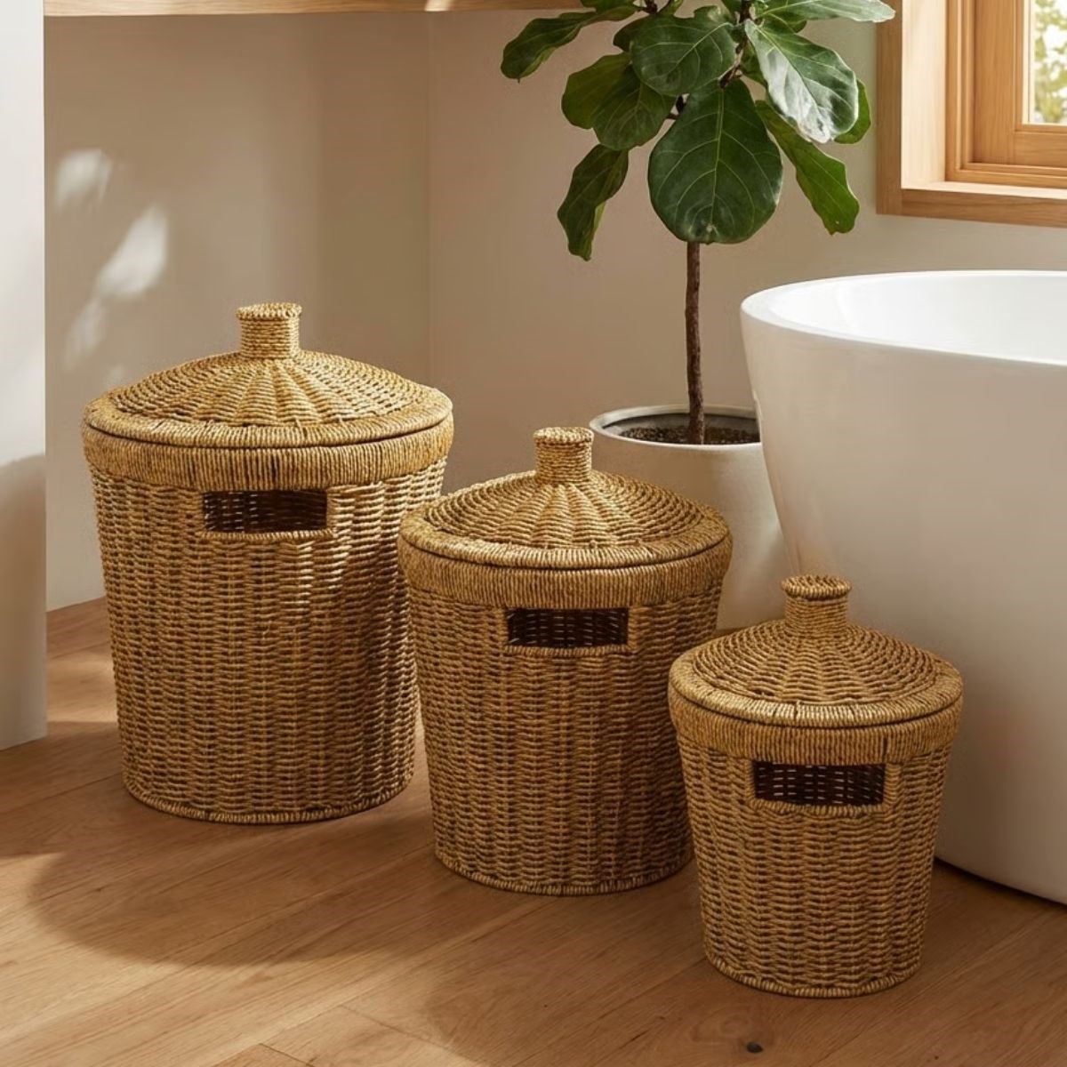 BUFFER® 3’lü İç İçe Geçebilen Büyük Plastik Rattan Hasır Sepet Seti-Dayanıklı Çok Amaçlı Ev,Banyo ve Mutfak Düzenleyici