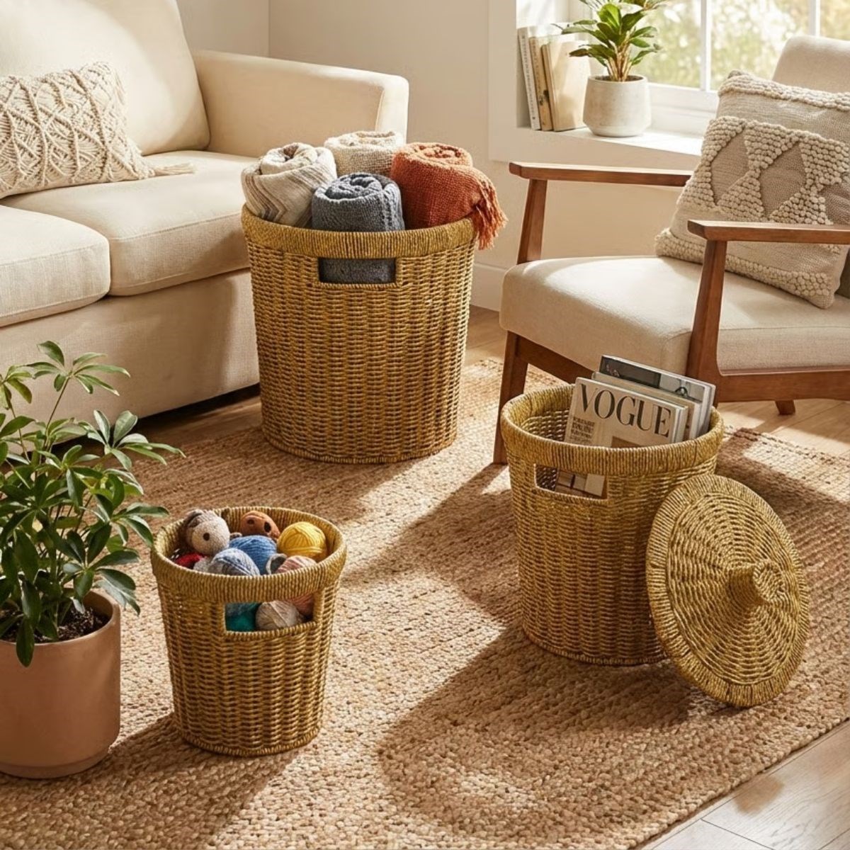 BUFFER® 3’lü İç İçe Geçebilen Büyük Plastik Rattan Hasır Sepet Seti-Dayanıklı Çok Amaçlı Ev,Banyo ve Mutfak Düzenleyici