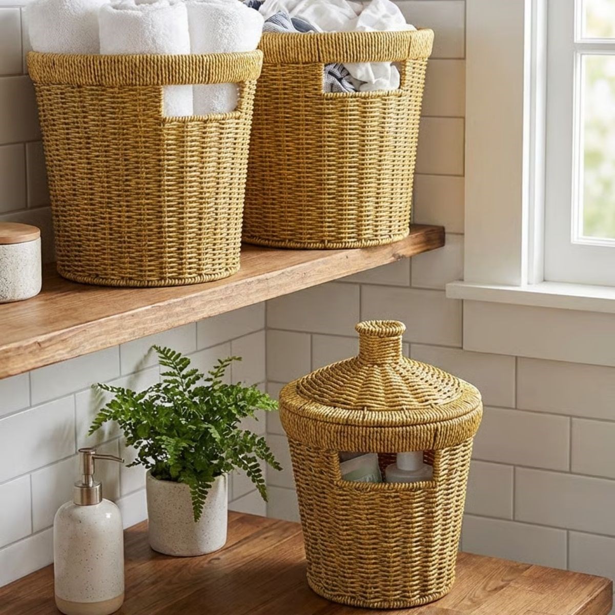 BUFFER® 3’lü İç İçe Geçebilen Büyük Plastik Rattan Hasır Sepet Seti-Dayanıklı Çok Amaçlı Ev,Banyo ve Mutfak Düzenleyici