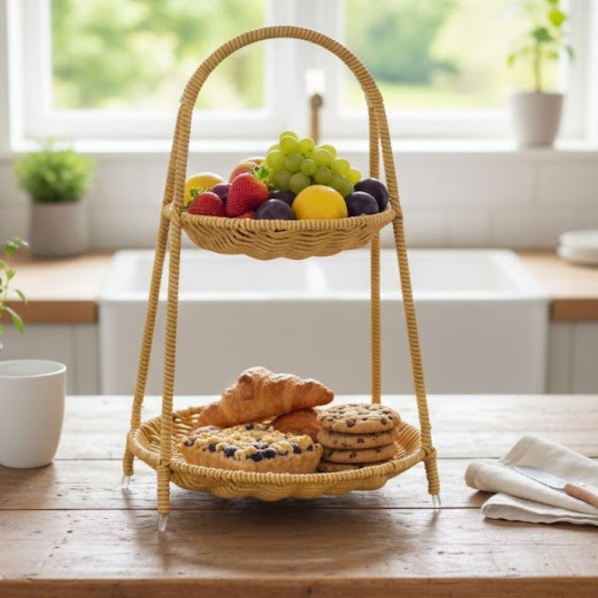 BUFFER® Plastik Rattan İki Katlı Sunumluk–Dekoratif Organizer, Mutfak Meyve,Sebze Sepeti, Banyo Düzenleyici Raf,Masaüstü Çok Amaçlı Sunum Standı