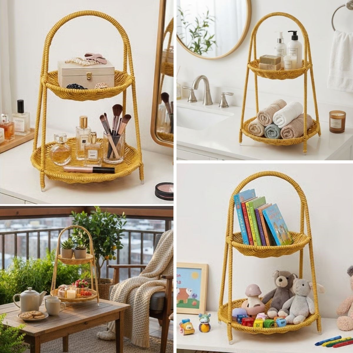 BUFFER® Plastik Rattan İki Katlı Sunumluk–Dekoratif Organizer, Mutfak Meyve,Sebze Sepeti, Banyo Düzenleyici Raf,Masaüstü Çok Amaçlı Sunum Standı