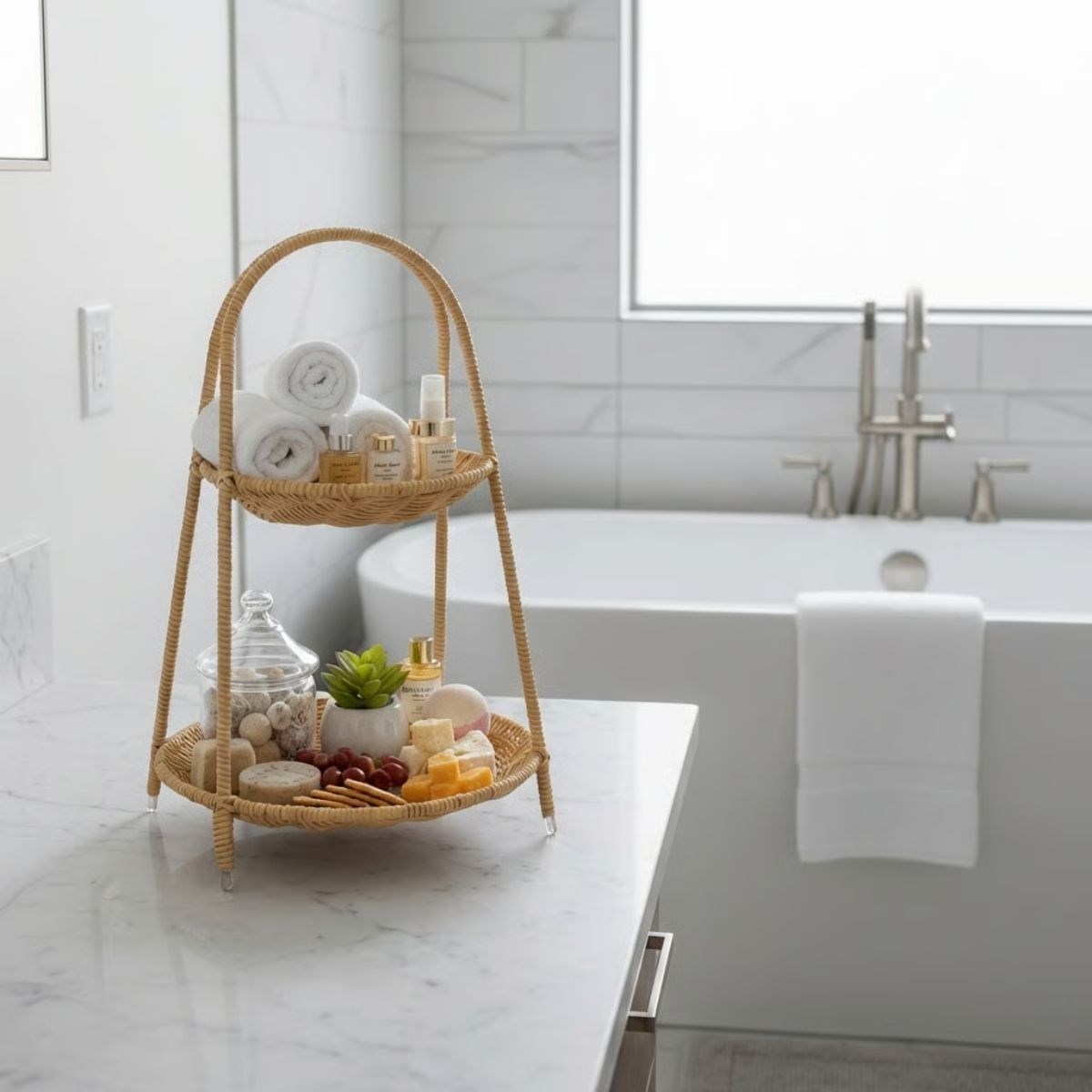 BUFFER® Plastik Rattan İki Katlı Sunumluk–Dekoratif Organizer, Mutfak Meyve,Sebze Sepeti, Banyo Düzenleyici Raf,Masaüstü Çok Amaçlı Sunum Standı