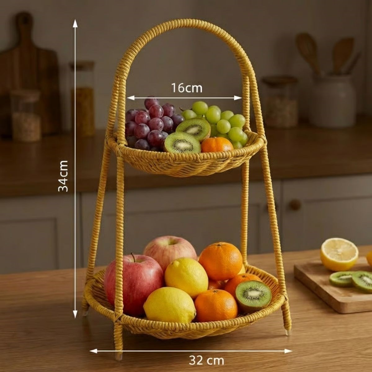 BUFFER® Plastik Rattan İki Katlı Sunumluk–Dekoratif Organizer, Mutfak Meyve,Sebze Sepeti, Banyo Düzenleyici Raf,Masaüstü Çok Amaçlı Sunum Standı