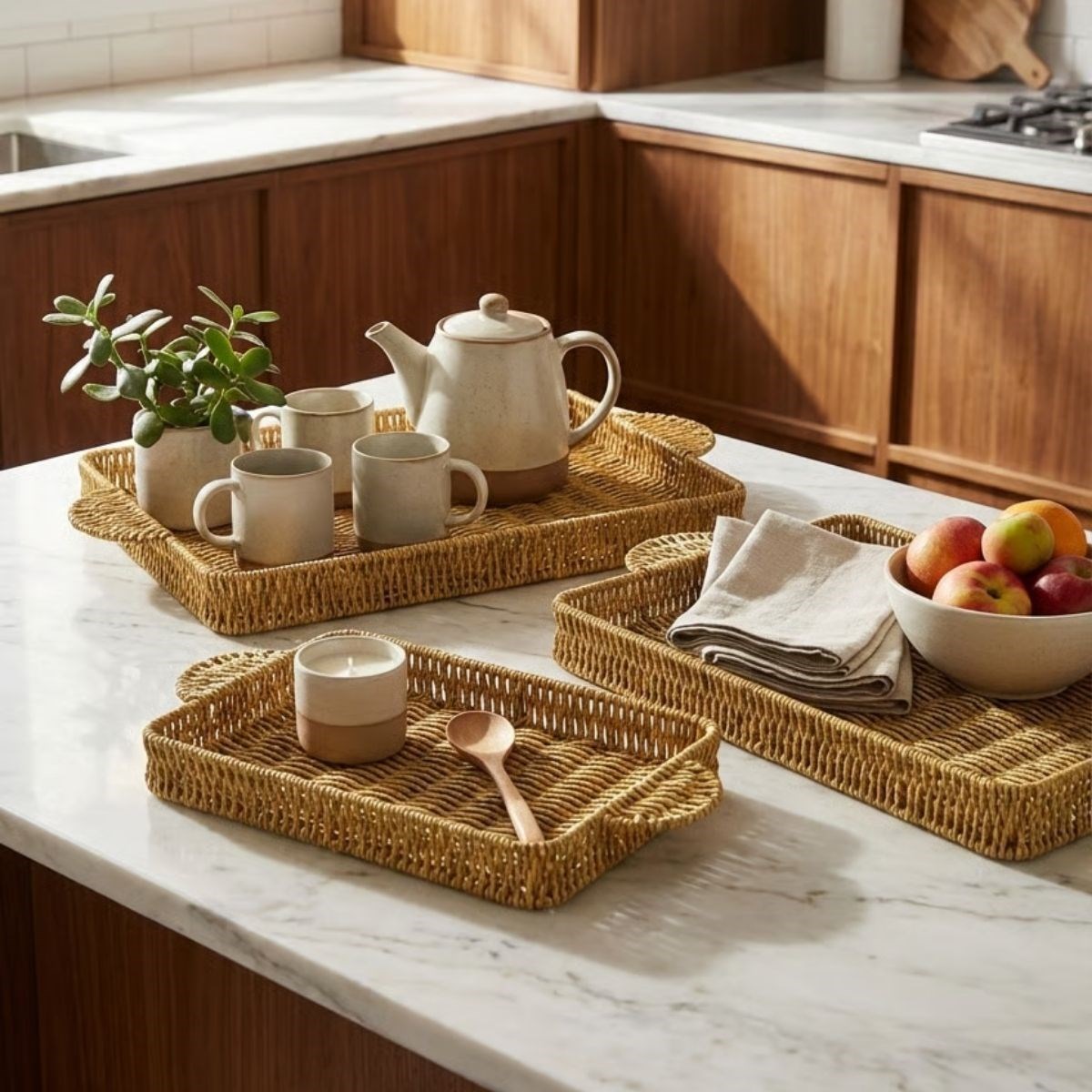 BUFFER® İç İçe Geçebilen 3’lü Dikdörtgen Plastik Rattan Tepsi Seti–Hasır Görünümlü Çok Amaçlı Servis ve Sunum Tepsileri