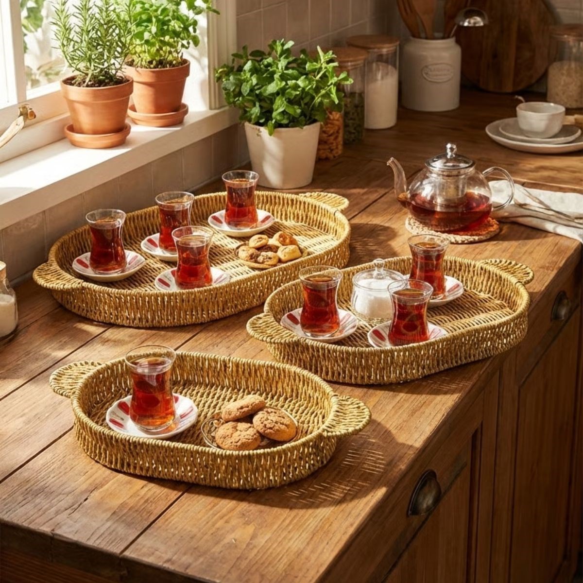 BUFFER® İç İçe Geçebilen 3’lü Oval Plastik Rattan Tepsi Seti–Hasır Görünümlü Çok Amaçlı Servis ve Sunum Tepsileri