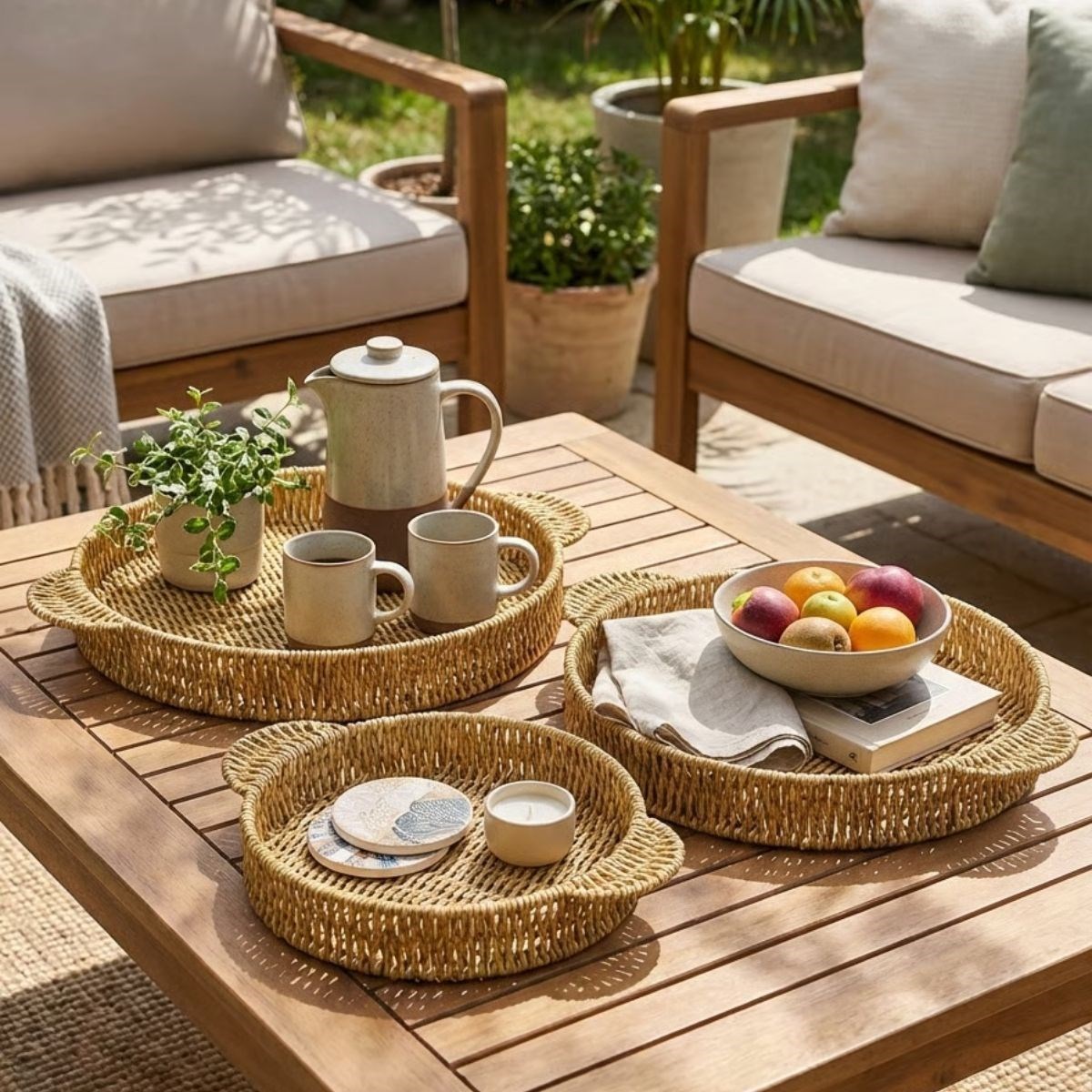 BUFFER® İç İçe Geçebilen 3’lü Yuvarlak Plastik Rattan Tepsi Seti–Hasır Görünümlü Çok Amaçlı Servis ve Sunum Tepsileri