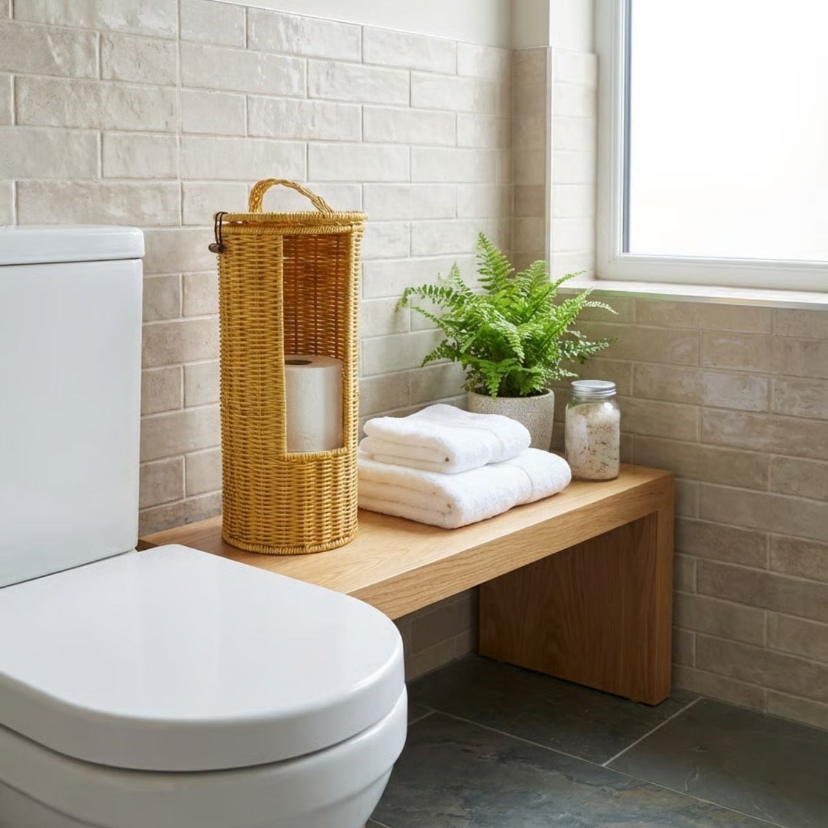 BUFFER® Askılı Plastik Rattan Tuvalet Kâğıdı Standı – Hasır Görünümlü, Kapaklı, Yedekli WC Kâğıtlık, Banyo ve Tuvalet İçin Dekoratif Organizer
