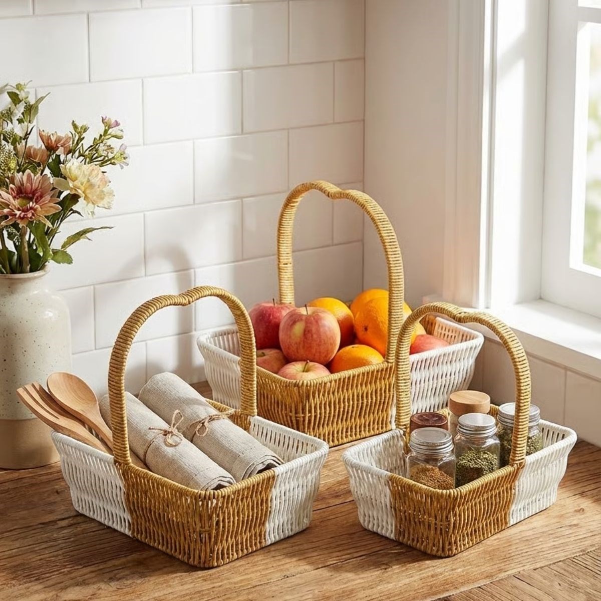 BUFFER® İç İçe Geçebilen 3’lü Çift Renkli Dikdörtgen Formlu Kalp Saplı Plastik Rattan Sepet Seti – Hasır Görünümlü Çok Amaçlı Organizerler