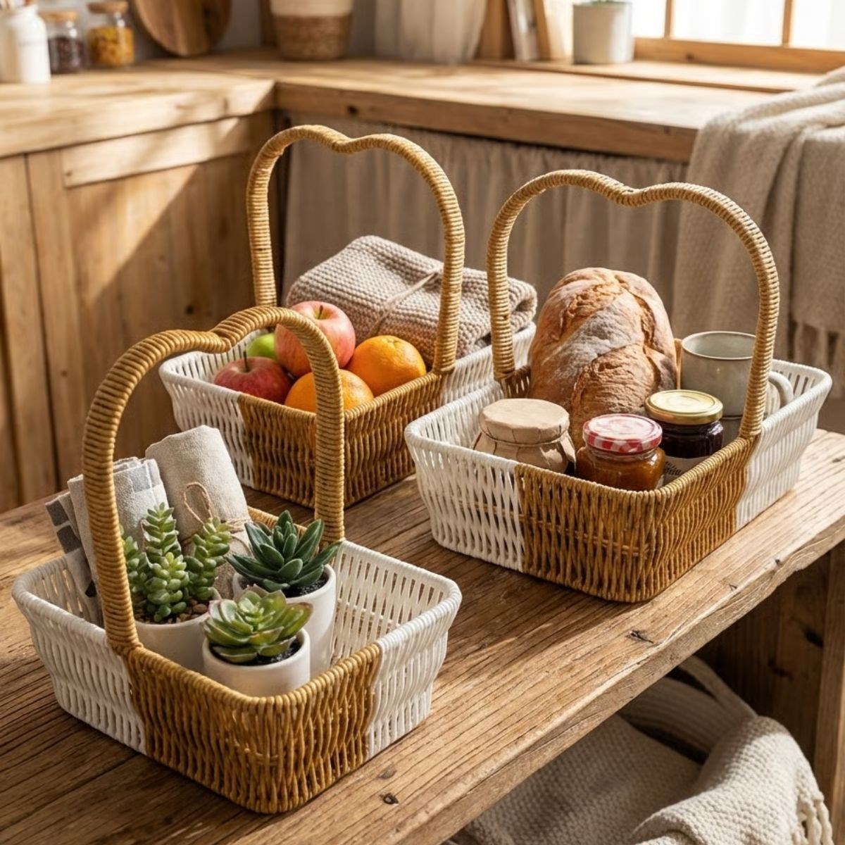 BUFFER® İç İçe Geçebilen 3’lü Çift Renkli Dikdörtgen Formlu Kalp Saplı Plastik Rattan Sepet Seti – Hasır Görünümlü Çok Amaçlı Organizerler