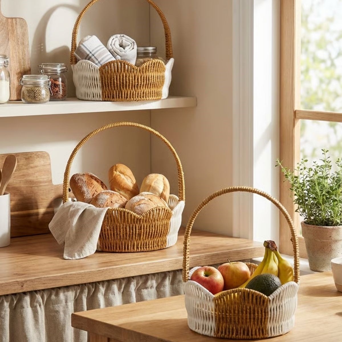 BUFFER® İç İçe Geçebilen 3’lü Çift Renkli Yuvarlak Dalgalı Formlu Saplı Plastik Rattan Sepet Seti – Hasır Görünümlü Çok Amaçlı Organizerler