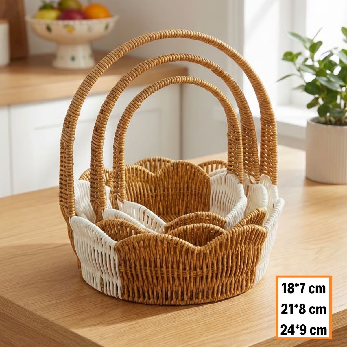 BUFFER® İç İçe Geçebilen 3’lü Çift Renkli Yuvarlak Dalgalı Formlu Saplı Plastik Rattan Sepet Seti – Hasır Görünümlü Çok Amaçlı Organizerler