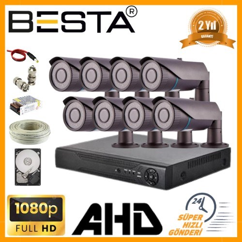 2 MP 1080P 8 Kameralı Harddisk Dahil AHD Güvenlik Seti